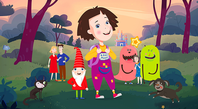 Lietuviško animacinio filmo „Kakė Makė“ plakatas – animaciniai personažai miške