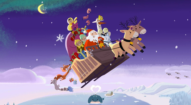 Санта-Клаус с животными в небе