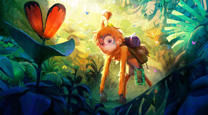 обезьяна в красочном лесу