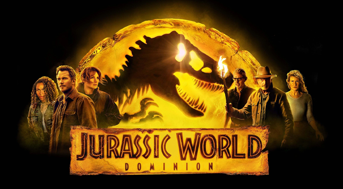 Изображен динозавр и люди с обеих сторон от него.