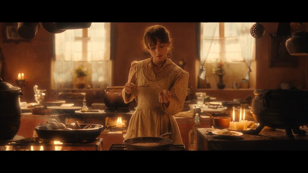 moteris virtuveje zvakiu sviesoje