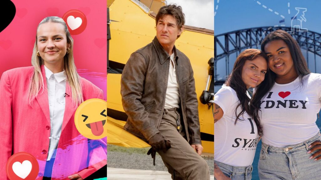 kairėje pusėje moteris už rožinio fono, viduryje sėdi aktorė, o dešinėje pusėje dvi moterys už jų – dangus