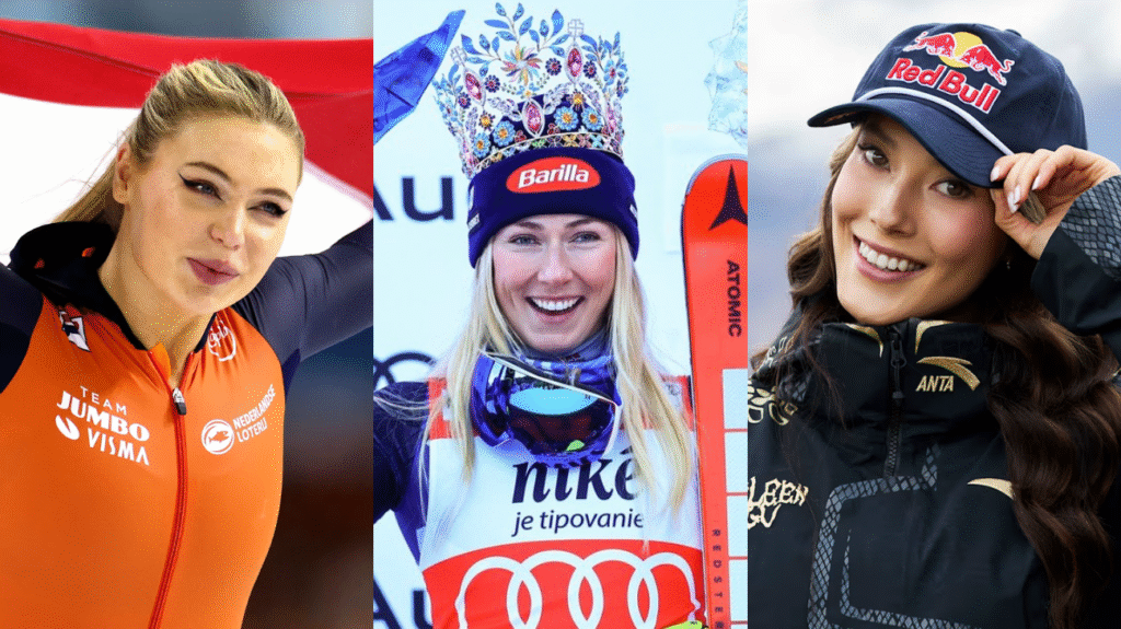 trijų sportininkių žiemos sportininkų koliažas