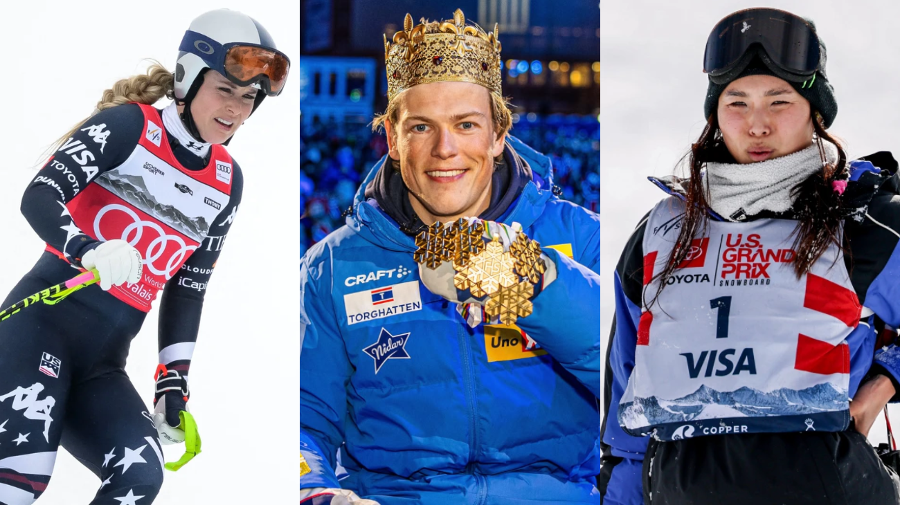 Trijų žiemos sporto sportininkų varžybų / šventės akimirkų koliažas