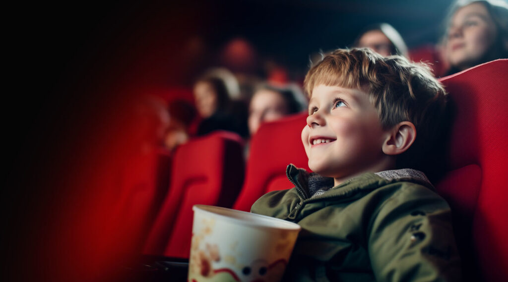 boy sitting and smiling in cinema